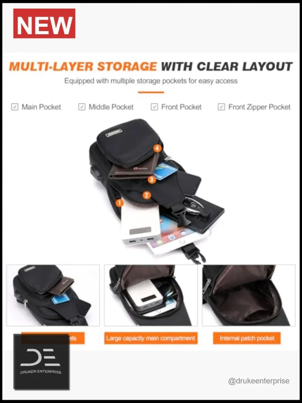 Men's PU Leather Crossbody Sling Bag Waterproof Daypack